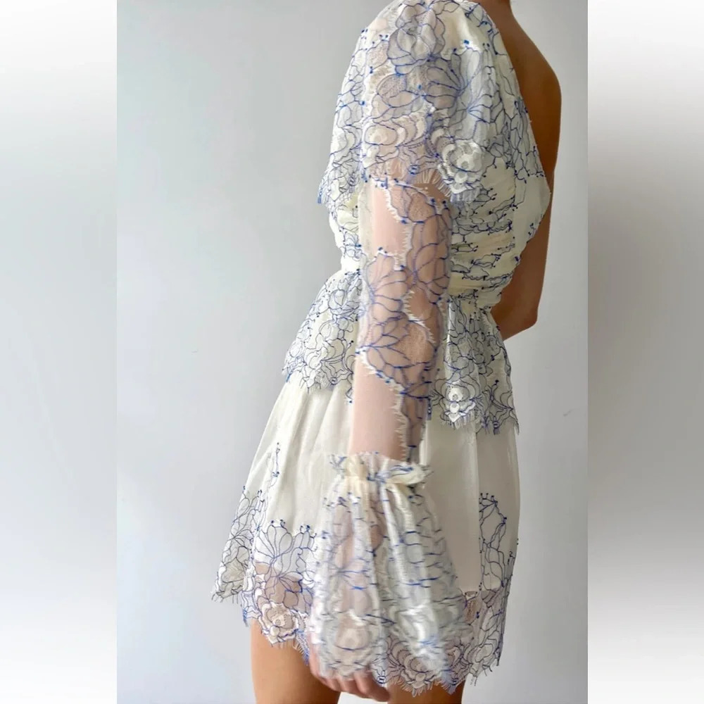 ALICE MCCALL || Isn’t She Lovely Blue and Cream Lace One Shoulder Mini Dress 2 - Picture 3 of 13